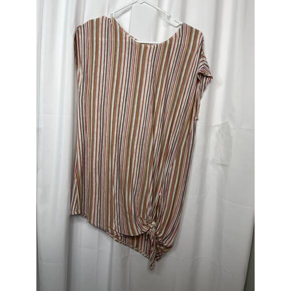 Max Studio blouse knit shirt top women's medium natural stripe tie front red tan - Picture 9 of 14